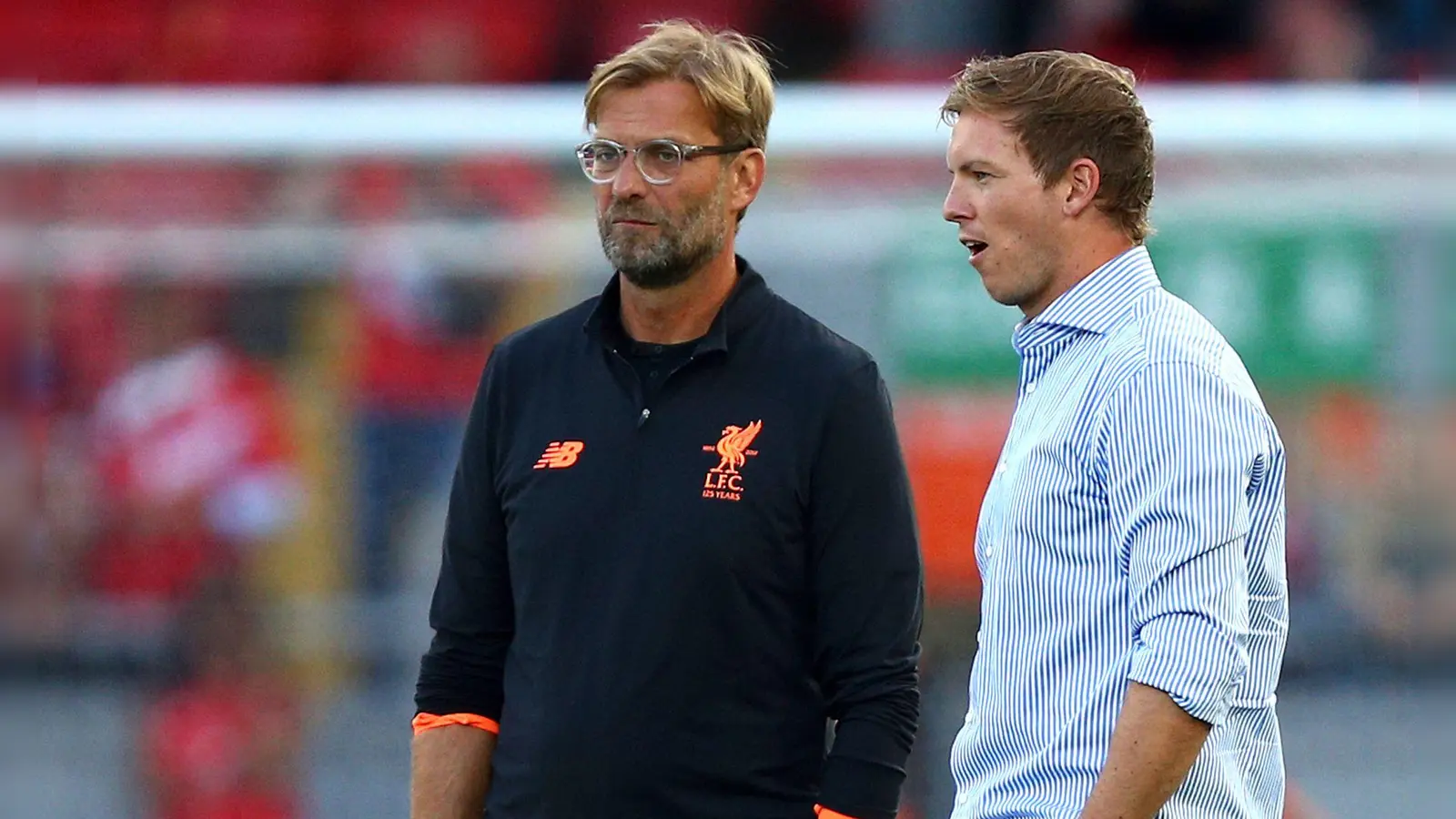 Einst Vereinstrainer, jetzt nicht mehr: Jürgen Klopp und Julian Nagelsmann (r). (Foto: Dave Thompson/AP/dpa)