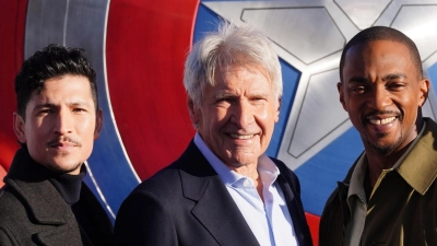 Danny Ramirez (l-r), Harrison Ford und Anthony Mackie (Archivbild). (Foto: Ian West/PA Wire/dpa)