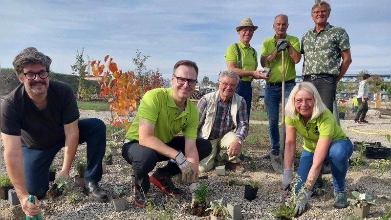 Joris Callens (vorne, von links), Christian von Dobschütz, Herbert Geißendörfer und Ulrike Buchner, sowie (hinten, von links) Andreas Buchner, Hans Roth und Till Hoffmann besetzen das Aromabeet mit Stauden. (Foto: Katrin Merklein)