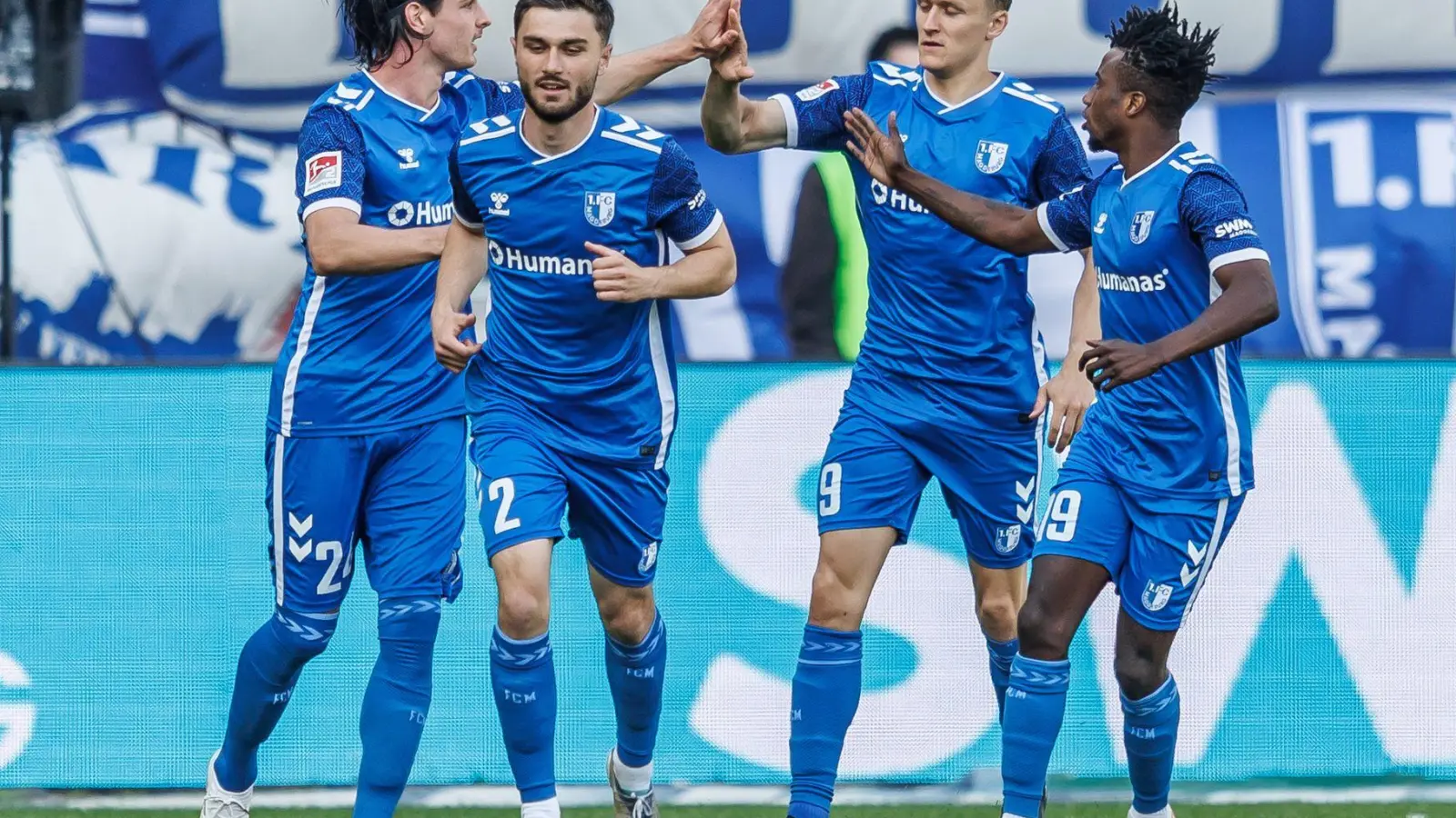 Magdeburgs Jean Hugonet (l) klatscht sich mit Teamkollegen ab nach seinem Treffer zum 1:1.  (Foto: Andreas Gora/dpa)