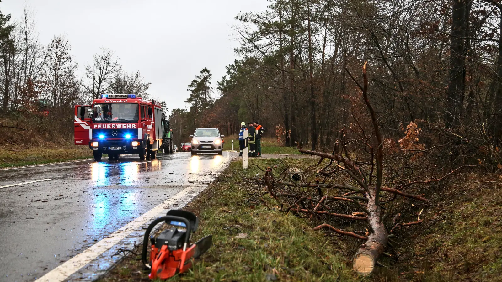 Nachdem sich das Sturmtief verzogen hatte, meldete die Integrierte Leitstelle am Sonntag nur noch einige umgestürzte Bäume. Zu einem solchen Einsatz zwischen Sachsbach und Waizendorf war die Feuerwehr Deffersdorf bereits am Samstag gerufen worden. (Foto: Tizian Gerbing)
