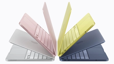 Viermal MacBook Neo: Den Einsteigerlaptop von Apple gibt es in Silber, Rosa, Zitronengelb und einem Blauton. (Foto: Apple Inc./dpa-tmn)