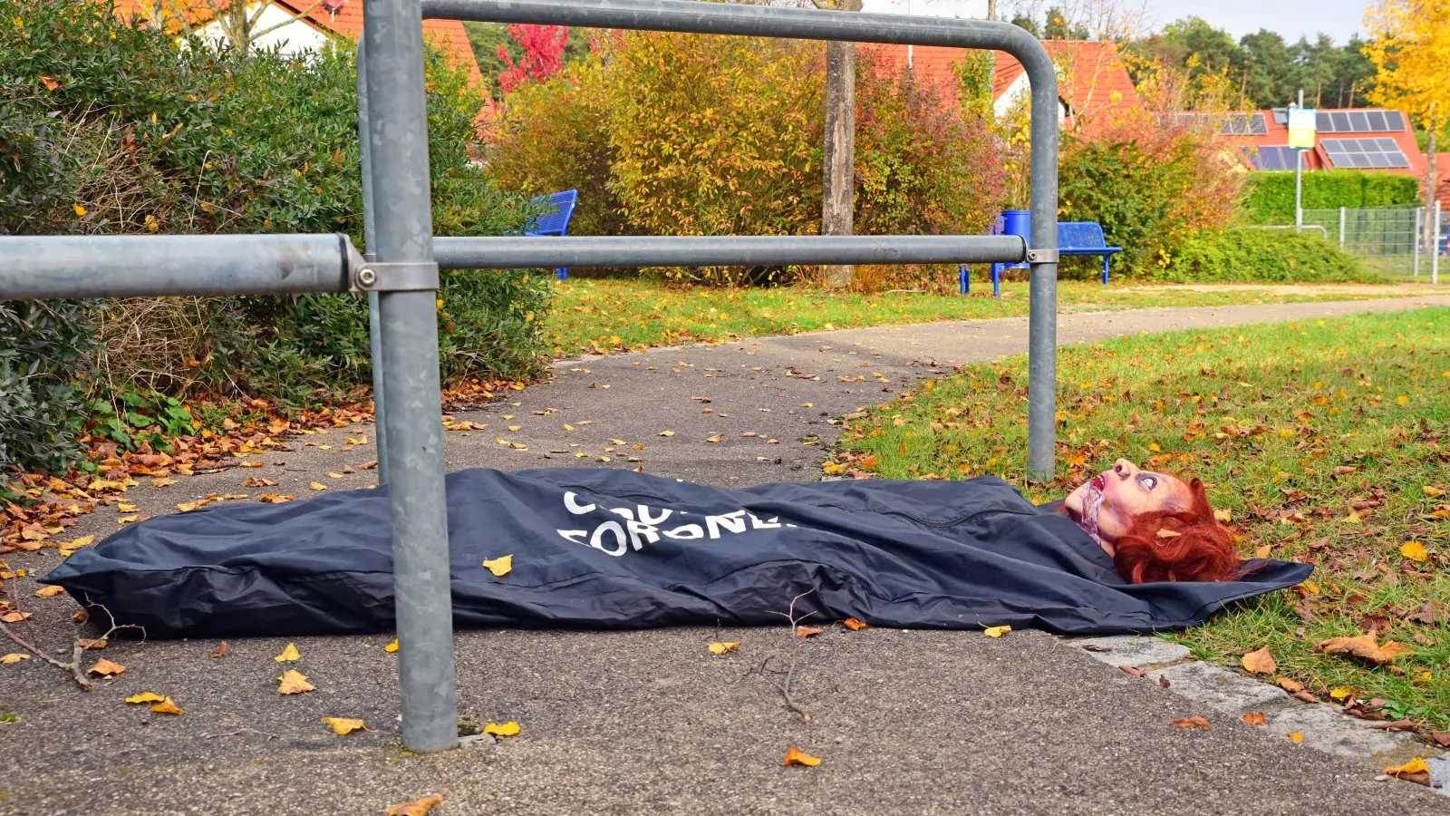 Kleine Details und große Aufreger gibt es im Garten und an der Fassade von Christa und Steve Miller in Höfstetten bei Ansbach zu sehen. Halloween-Grusel vom Feinsten. (Foto: Irmeli Pohl)