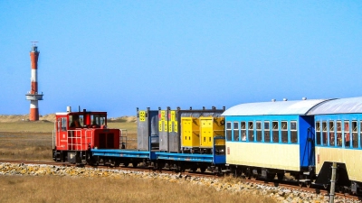 Gemächlich fährt Inselbahn über die Salzwiesen von Wangerooge. (Foto: Bernd F. Meier/dpa-tmn)