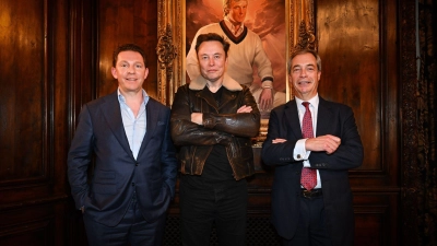 Musk (Mitte) und Farage (rechts) hatten sich erst im Dezember in Florida getroffen. Links der Schatzmeister von Reform UK, Nick Candy. (Archivbild) (Foto: Stuart Mitchell/Reform Uk/PA Media/dpa)