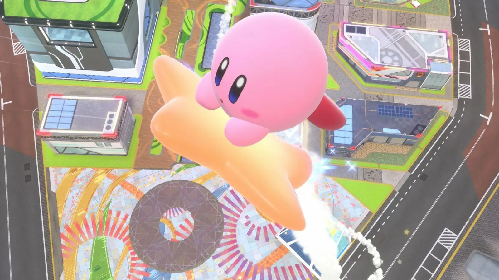 Dauer-Action am Boden und in luftiger Höhe: Bei „Kirby Air Riders“ bleibt kaum Zeit, die Landschaft zu bewundern. (Foto: Nintendo/dpa-tmn)