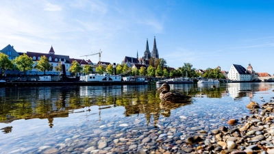 Auf der Donau - wie hier in Regensburg - sind die Pegelstände wegen der Trockenheit zuletzt gefallen. (Archivbild) (Foto: Armin Weigel/dpa)