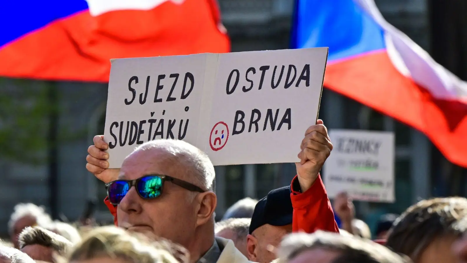Schon Ende April waren Menschen in Brünn (Brno) gegen die geplante Veranstaltung auf die Straße gegangen - mit Spruchtafeln wie „Treffen der Sudetendeutschen - eine Schande für Brünn“. (Archivbild) (Foto: Šálek Václav/CTK/dpa)