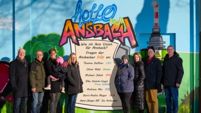 Welche Visionen für Ansbach haben die OB-Kandidierenden? Das fragen Vertreterinnen und Vertreter der ÖDP (von links): Martin Berberich, Dr. Franz Hitzelsberger, Dr. Bastian Seifert, Sandra Carle-Wolf, Esther Wolf, Julia Dell, Friedmann Seiler und Stephan Wolf. (Fotomontage: ÖDP/Johannes Hoyer)