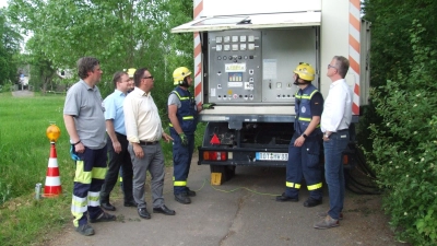 Gebannt blickten Bürgermeister Patrick Ruh (rechts), Mitglieder der Fachgruppe Elektroversorgung des Rothenburger THW-Ortsverbands und Vertreter der Stadtwerke Feuchtwangen auf die Anzeige des Stromerzeugeraggregats. (Foto: Jasmin Kiendl)