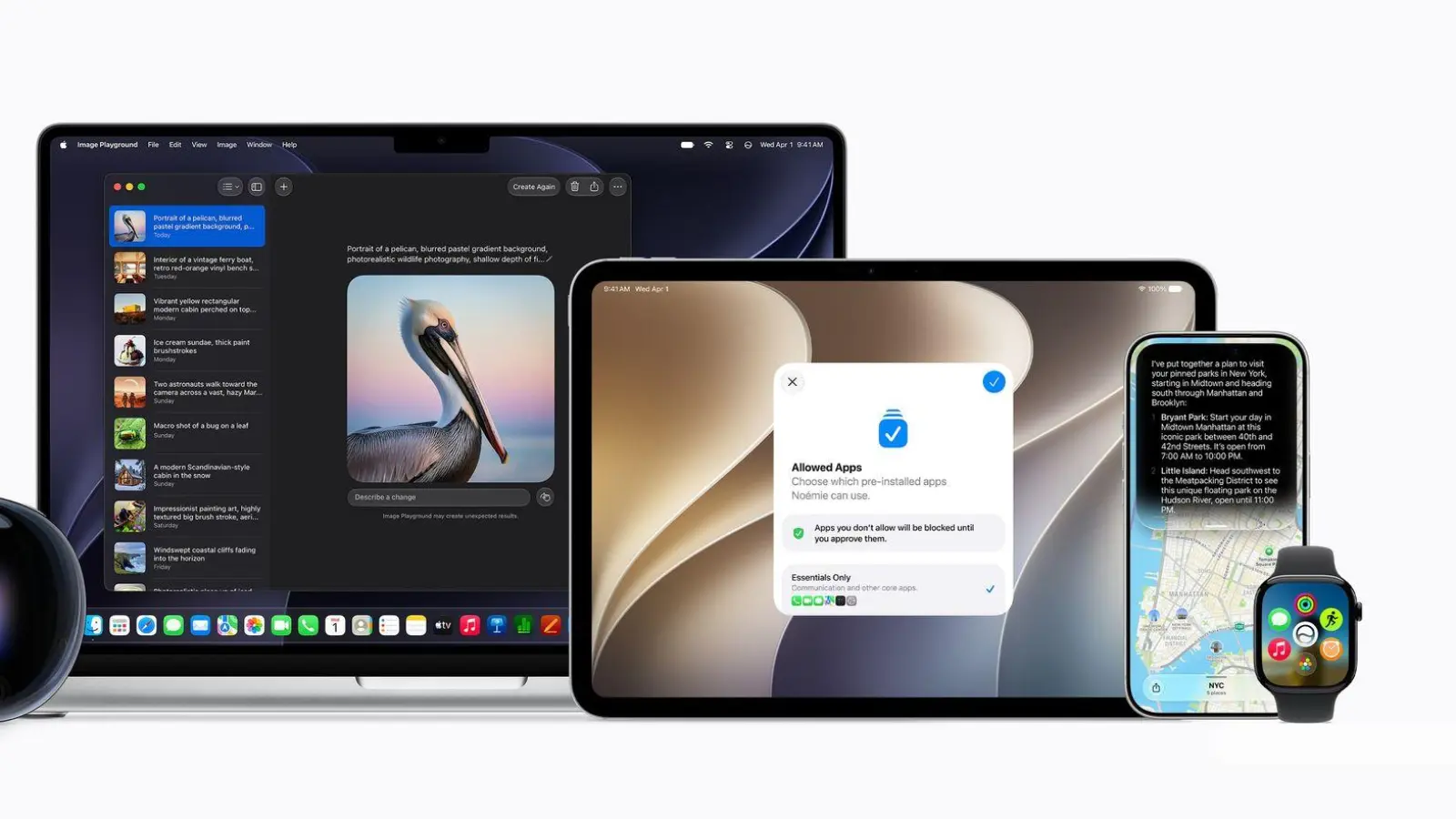 Die Apple-OS-Generation 27 mit visionOS (links), macOS (2. v.l.), iPadOS (Mitte), iOS (2. v.r.) und watchOS (rechts) soll voraussichtlich im September verfügbar sein.  (Foto: -/Apple Inc./dpa-tmn)