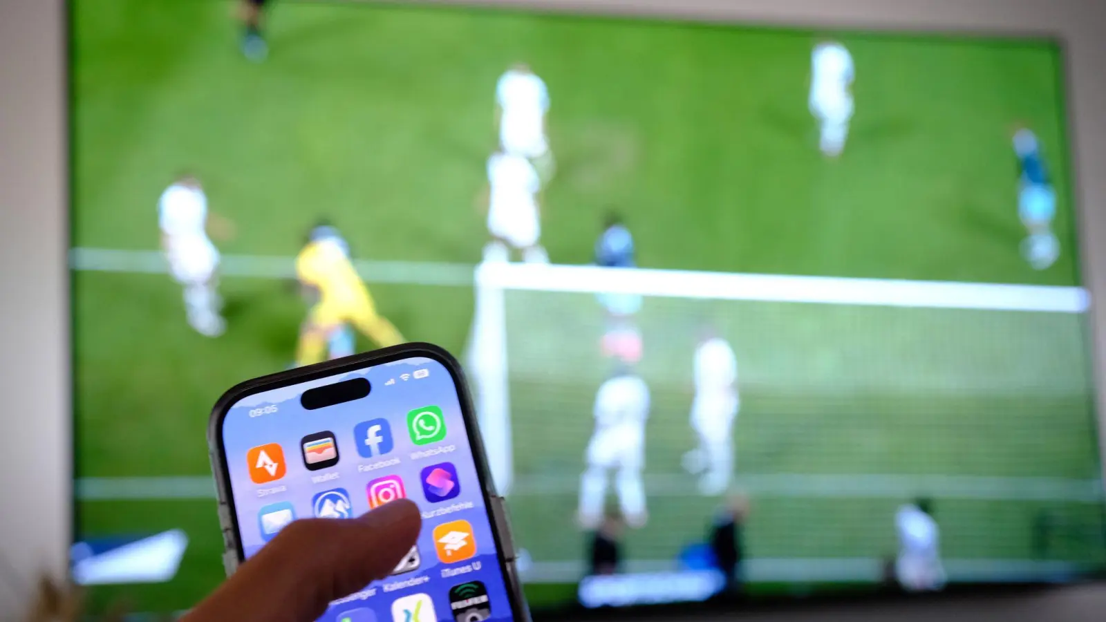 Nebenbei mal daddeln: Während das Fußballspiel läuft, schauen viele Zuschauer nebenbei aufs Handy. (Symbolbild) (Foto: Bernd Weißbrod/dpa)