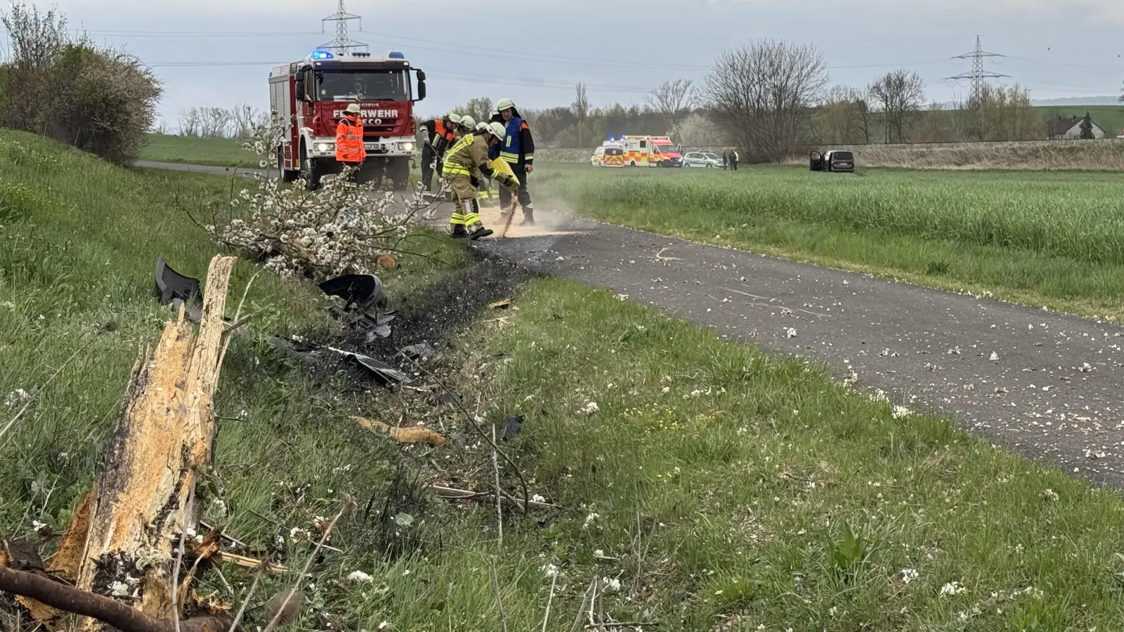 Erst stieß das Auto gegen den Baum, dann landete es 200 Meter entfernt im Acker. (Foto: Kreisfeuerwehrverband Neustadt/Aisch)