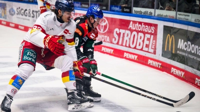 Justin Volek (r) wird nicht mehr für die Augsburger Panther spielen.  (Foto: Tom Weller/dpa)