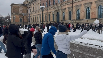 Nach einem Aufruf in den Sozialen Medien haben sich mehrere Hundert Menschen an einer Schneeballschlacht beteiligt.  (Foto: Theo Miess/dpa)