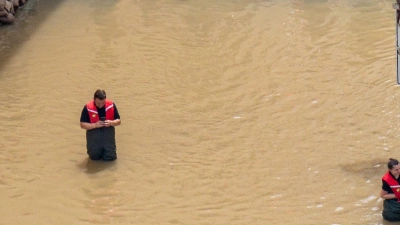 Rettungskräfte stehen im Hochwasser der Donau. (Foto: Armin Weigel/dpa)