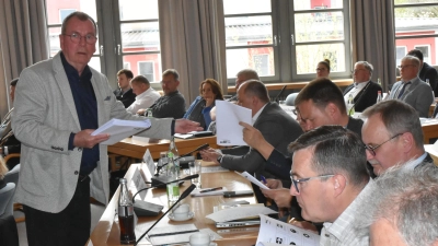 Bernd Klatt verteilt das Heft „Wie kann ich helfen – Erfahrungen für Helfer” im großen Sitzungssaal des Landratsamtes. (Foto: Anita Dlugoß)