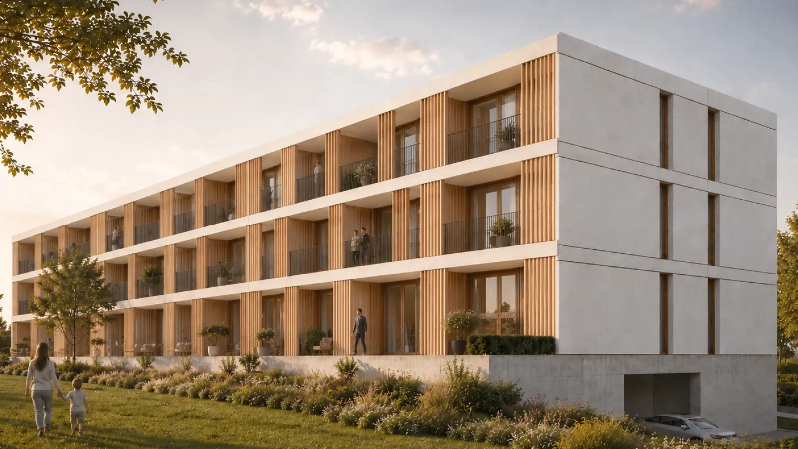 So soll das Mehrgenerationenhaus in Flachslanden nach der Fertigstellung aussehen. Das Gebäude wird in Massivbauweise errichtet, die Balkone mit Holz vertäfelt.  (Grafik: ECH Mehrgenerationenwohnen GmbH)
