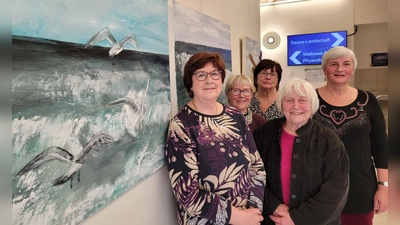 Der Kunstkreis Rothenburg präsentiert sich in der Franken-Therme Bad Windsheim. Mit Werken vertreten sind unter anderem (von links): die Vorsitzende Gisela Eugen, Ruth Bücker, Vize-Vorsitzende Helga Fabi, Ingeborg Goebel und Doris Schmitz. (Foto: Nina Daebel)