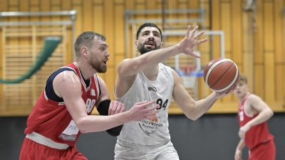 Im Hinspiel traf Neustadts Nedal Jenniat (rechts) häufig auf Bambergs starken Center Bryce Cashman. Diesmal ist Johannes Richter dabei und soll sich verstärkt um den Amerikaner kümmern. (Foto: Martin Rügner)