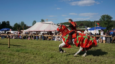 Angriffslustig: Siegfried von Ansbach bei den Ritterspielen in Lichtenau. Zum sechsten Mal hat der Verein Kulturschock in der Festungsanlage einen Mittelaltermarkt mit Ritterturnieren organisiert. Zum Auftakt an Himmelfahrt tummelten sich Gaukler, Handwerker, Spielleute und tapfere Recken auf dem Burggelände.  (Foto: Andrea Walke)