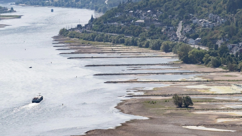 Wegen niedriger Pegelstände ist die Binnenschifffahrt in vielen Flüssen wie hier im Rhein derzeit massiv eingeschränkt. (Foto: Boris Roessler/dpa)