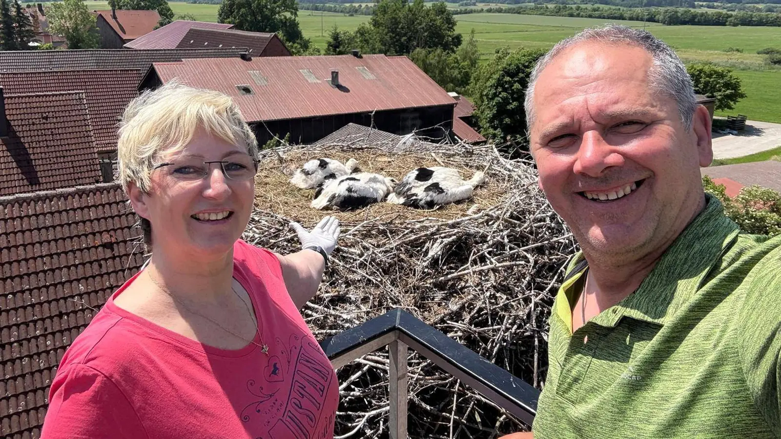 Über den Dächern von Mosbach: Storchenfreundin Sabine Edelberg und Feuchtwangens zweiter Bürgermeister Walter Soldner bei der Beringungsaktion. Zu Ehren des verstorbenen Storchenexperten Thomas Ziegler heißt der mittlere der drei Jungvögel jetzt Thom. (Selfie: Walter Soldner)