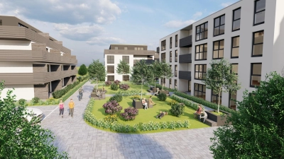 So kann man sich die geplante Bebauung an der Wolffstraße vorstellen. Der grüne Innenhof wurde in der aktuellen Planung vergrößert.  (Grafik: Ströbel Immobilien)