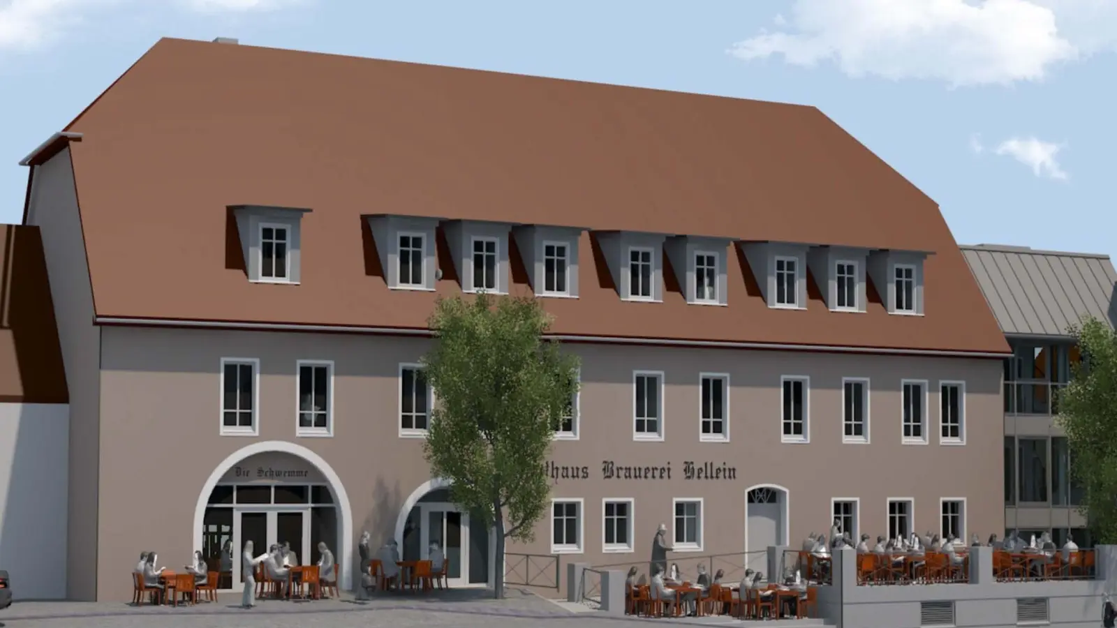 So soll die ehemalige Brauerei Hellein in der Merkendorfer Altstadt einmal aussehen, wenn der Umbau fertig ist. Die Arbeiten werden sich mindestens bis 2028 hinziehen. (Visualisierung: Hochreiter und Lechner)