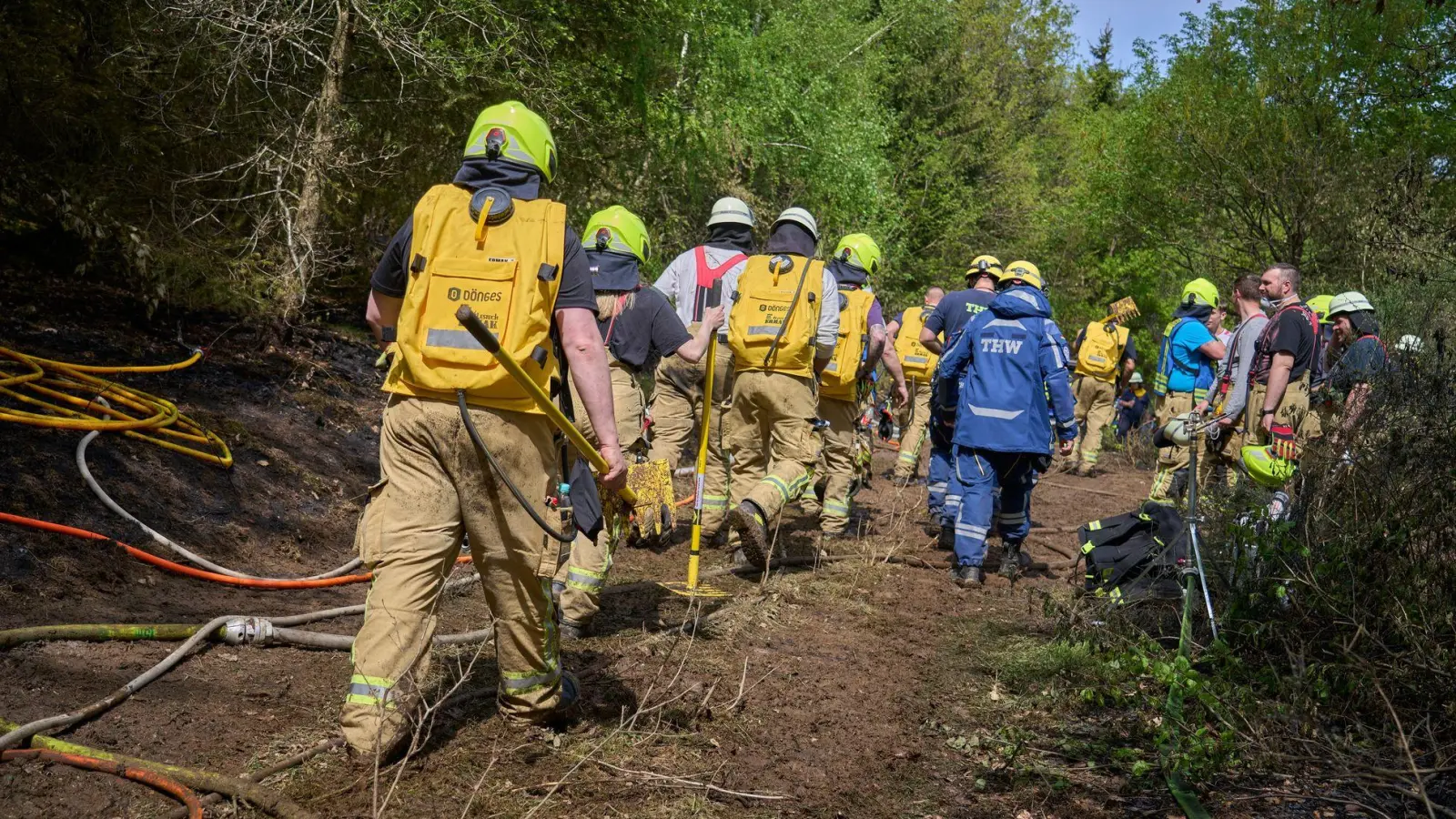 Bei Friesenhagen kämpften zeitweise mehr als 400 Kräfte gegen die Flammen. (Foto: Sascha Ditscher/dpa)