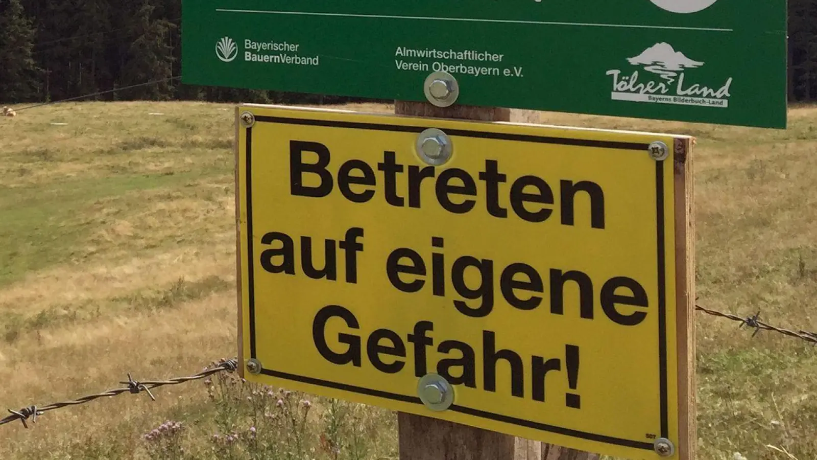 Ein Schild warnt vor dem Betreten einer Kuhweide (Symbolbild). (Foto: Sabine Dobel/dpa)