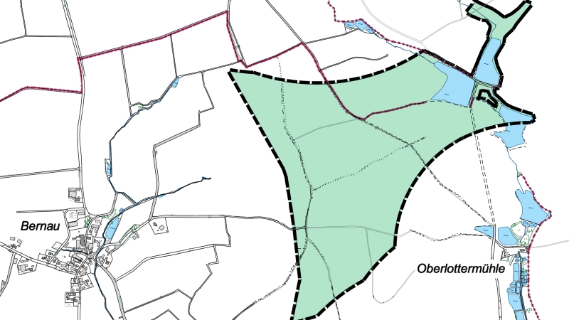 Auf der grün gekennzeichneten Fläche im Naherholungsgebiet Unteren Haid soll zwischen Bernau, Metzlesberg und Oberlottermühle ein Bürger-Windpark entstehen. (Bild: Stadt Feuchtwangen)