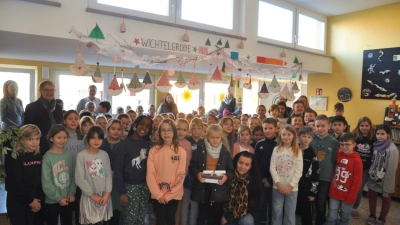 Wenn Kinder Kindern helfen: 1240 Euro haben die Grundschule und das Kinderhaus in Mitteleschenbach für Lia gesammelt. Rechts neben Lia mit der Box in der Hand kniet ihre Mutter Tina Alwardt. (Foto: Jonas Volland)