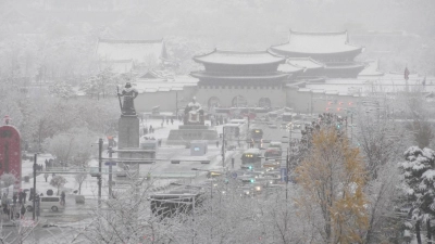 Der größte November-Schneefall seit Beginn der Wetteraufzeichnung vor mehr als 100 Jahren hat die südkoreanische Innenstadt in Weiß gehüllt. (Foto: Ahn Young-joon/AP/dpa)