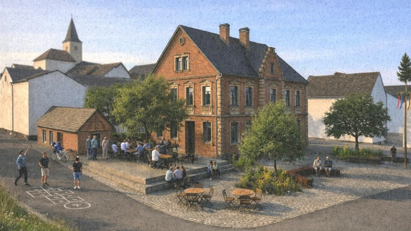 Tische, Stühle und eine Sitztreppe neben und vor dem Dornberger-Haus laden auf diesem Entwurf von Lena Grüdl die Menschen im Dorf ein.  (Foto: Lena Grüdl)