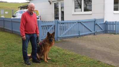 Der Vorsitzende des Tierschutzvereins, Günter Pfisterer, hat Bella an der Leine. Der Altdeutsche Schäferhund lebt zurzeit im Tierheim. Gerne würden die Mitarbeiter das Tier aber weitervermitteln. (Foto: Oliver Herbst)