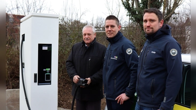 Die neue Ladesäule verfügt über einen Schnellladepunkt, den Anschluss dafür hat nicht jedes Elektroauto. Auf dem Foto von links: Klaus Meier, Christopher Stirling und Fedor von Heydebrand und der Lasa. (Foto: Antonia Müller)