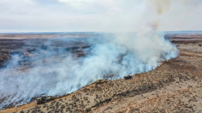 Feuerwehrleute bekämpfen das Smokehouse Creek Fire nördlich von Canadian im US-Bundesstaat Texas. (Foto: David Erickson/AP/dpa)
