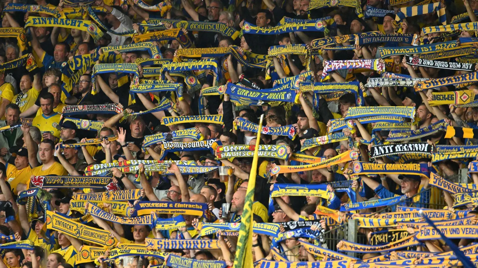 Fans von Eintracht Braunschweig beim Spiel gegen Hertha BSC.  (Foto: Swen Pförtner/dpa)