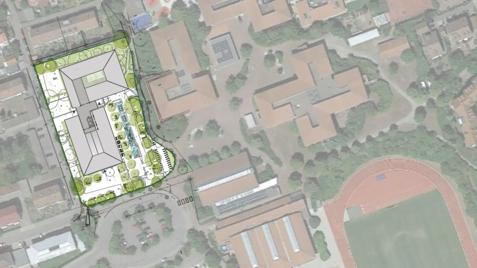 So könnte sich der Neubau des Beruflichen Schulzentrums Bad Windsheim in das Umfeld einfügen. Die beiden Bauten werden l-förmig angeordnet. (Foto: GKP-Architekten)