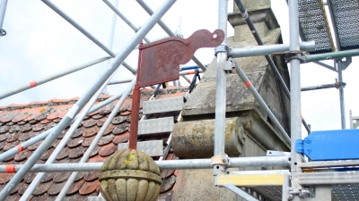 Bis an die oberste Spitze ist das Rathaus eingerüstet. In einem ersten Schritt wird der brüchige Sandstein gefestigt. (Foto: Pauline Held)