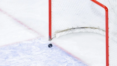 Ein Puck fliegt in ein leeres Eishockey-Tor. (Foto: Uwe Anspach/Deutsche Presse-Agentur GmbH/dpa/Symbolbild)