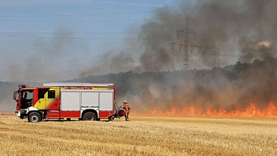 Zahlreiche Feuerwehrleute waren bei Hitze im Einsatz, um den Flächenbrand zu löschen. (Foto: Ralf Hettler/dpa)