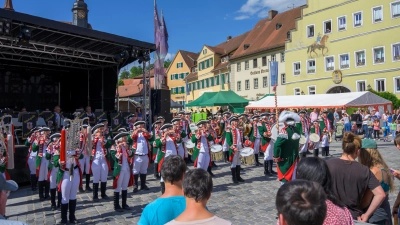 Angenehmes Wetter und gute Stimmung: Zum Feuchtwanger Altstadtfest im Landkreis Ansbach strömen tausende Besuchende auf den Marktplatz. (Foto: René Chlopotowski)