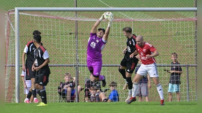 Nikolai Schubert, der Torwart des TV Leutershausen, fängt den Ball vor Patrick Kahle (im roten Trikot). Der TVL siegte mit 2:1 in Schalkhausen und empfängt am Samstag den FSV Stadeln II, der SVS muss am Sonntag nach Losaurach. (Foto: Martin Rügner)