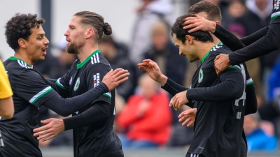 Sekunden nach seinem 2:0 im Spiel beim FSV Stadeln wird Tobias Herzner (mit Haarzopf) beglückwünscht. Es war sein 100. Tor für den SC Eltersdorf. (Foto: Sportfoto Zink / Wolfgang Zink)