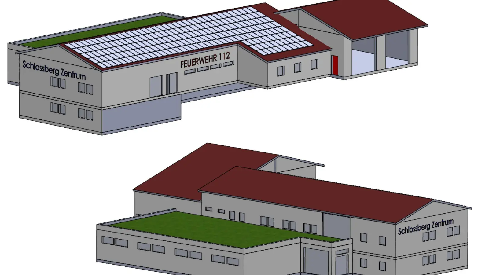 So könnte es aussehen, wenn es denn gebaut wird: Der Anbau an das Oberscheinfelder Sportheim für die Feuerwehr aus zwei Blickwinkeln. (Skizzen: Matthias Baier)