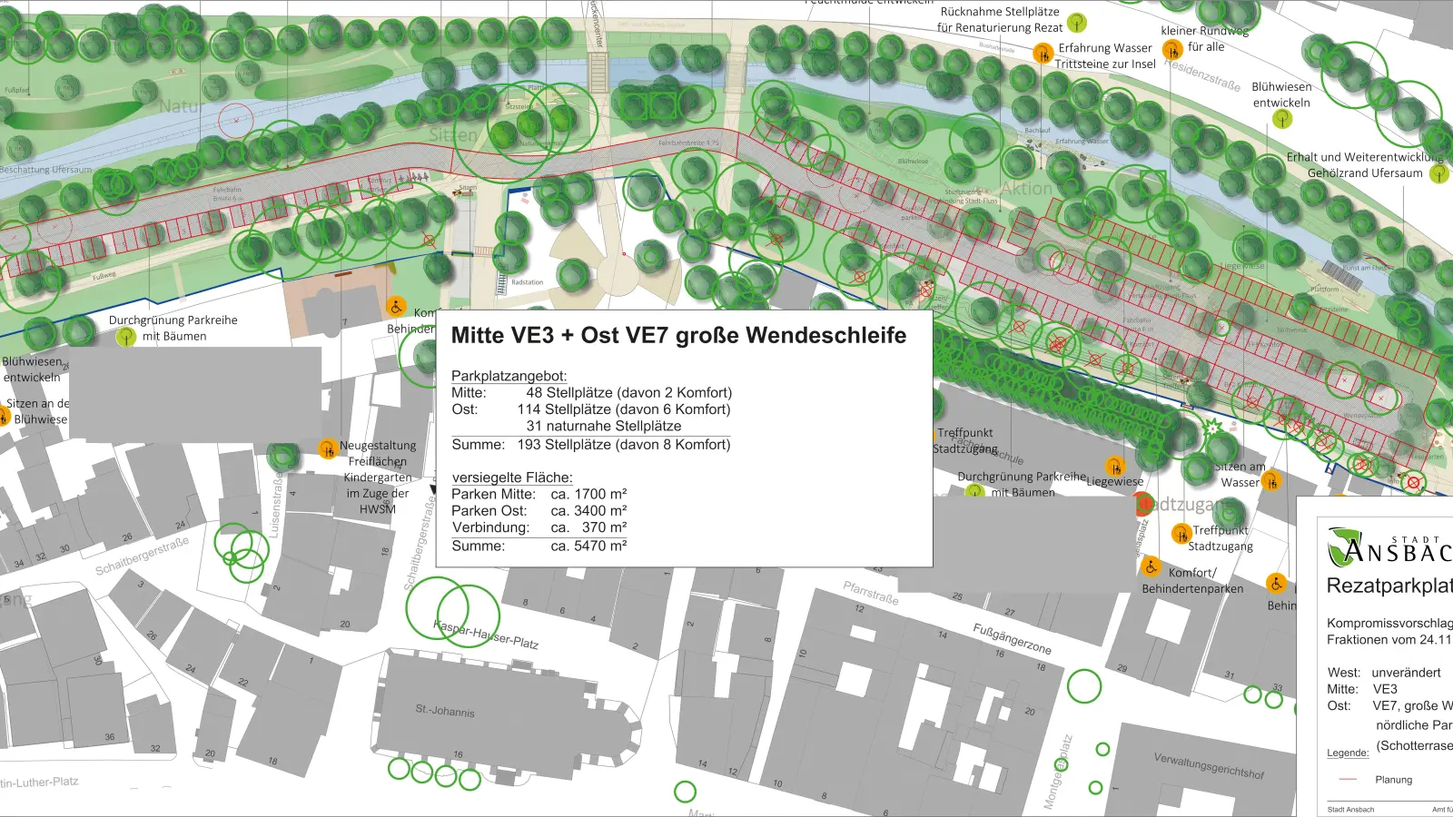 Der Kompromissvorschlag zum Rezatparkplatz nach einem Fraktionsgespräch: Der Stadtrat stimmte mehrheitlich zu. (Grafik: Stadt Ansbach)