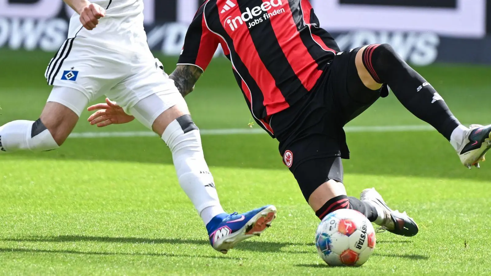Der Hamburger Fábio Vieira (l) und der Frankfurter Robin Koch kämpfen um den Ball. (Foto: Florian Wiegand/dpa)