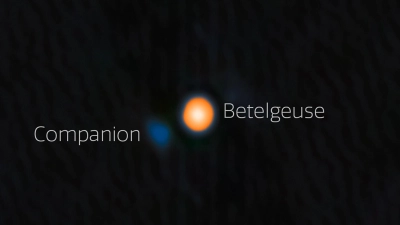 Astronomen haben wahrscheinlich einen Begleitstern von Beteigeuze (englisch: Betelgeuse) entdeckt. Der Begleitstern erscheint hier blau. (Foto: --/International Gemini Observatory/NOIRLab/NSF/AURA/dpa)